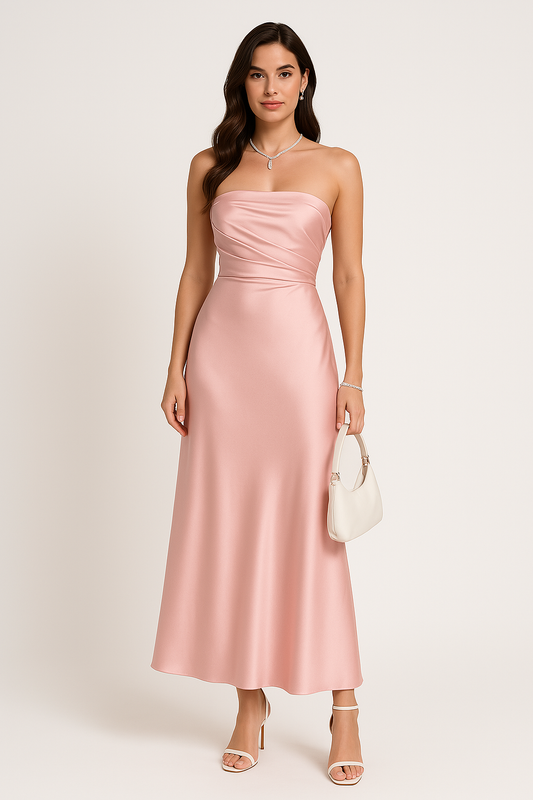 Women’s Evening Gown – Strapless Slim Fit – Full Length Satin-Like Formal Dress