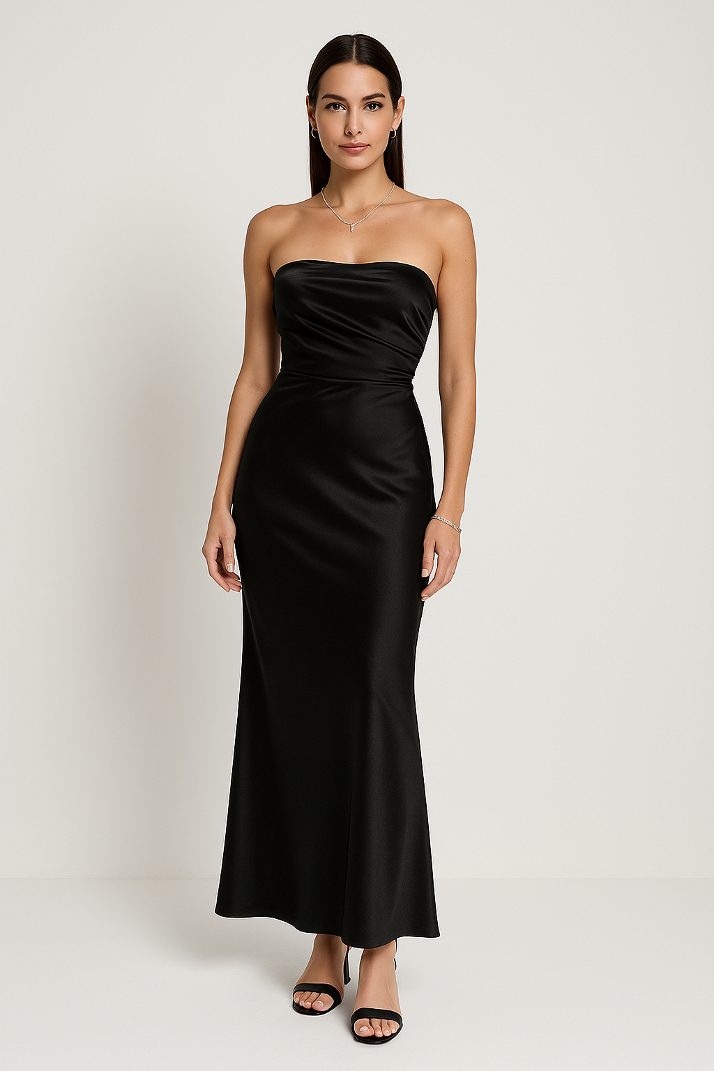 Women’s Evening Gown – Strapless Slim Fit – Full Length Satin-Like Formal Dress