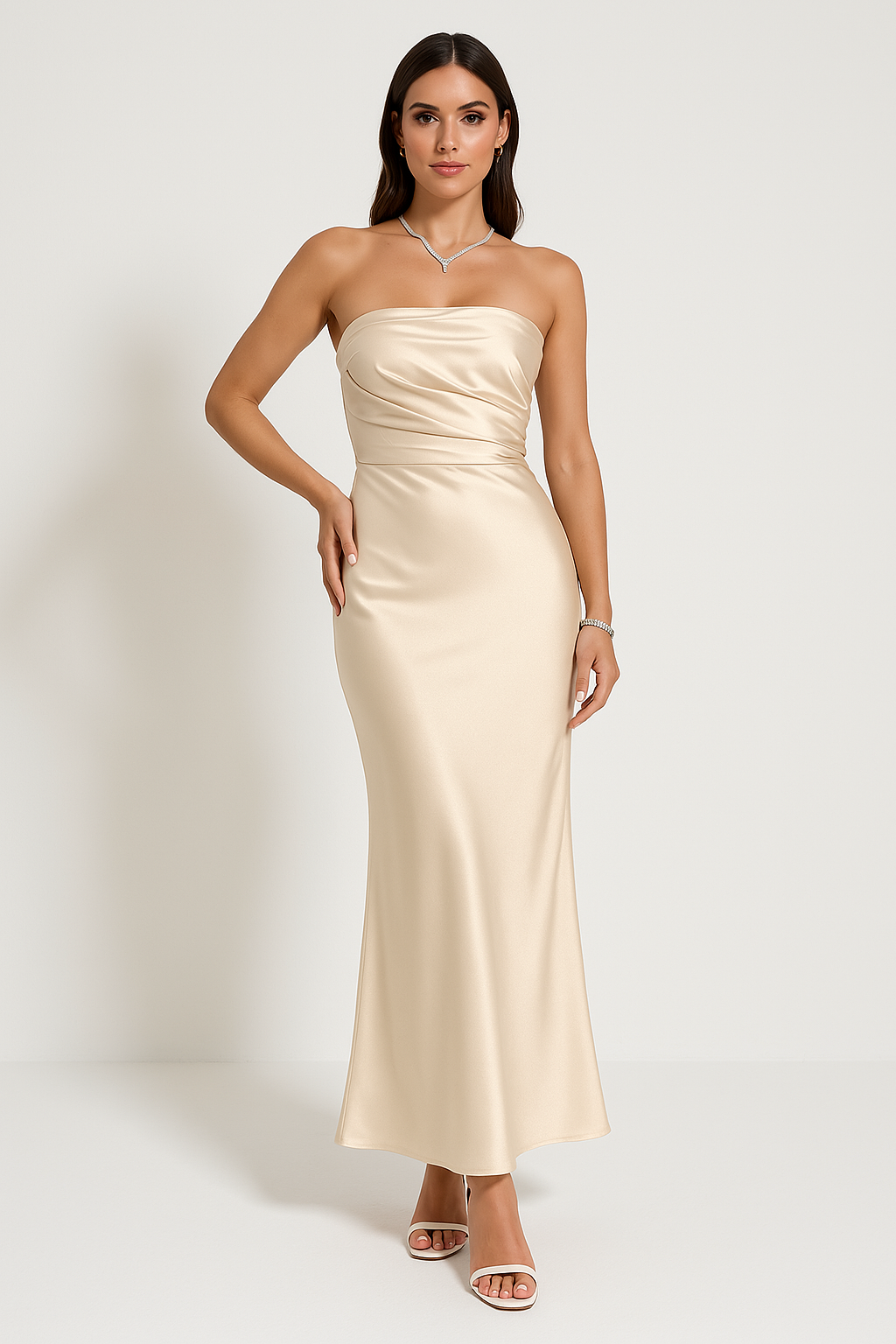 Women’s Evening Gown – Strapless Slim Fit – Full Length Satin-Like Formal Dress