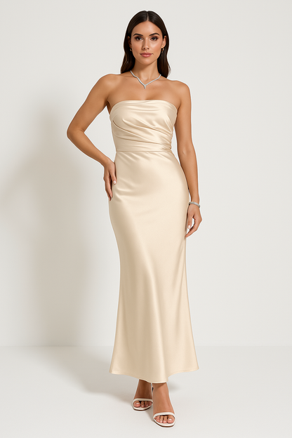 Women’s Evening Gown – Strapless Slim Fit – Full Length Satin-Like Formal Dress
