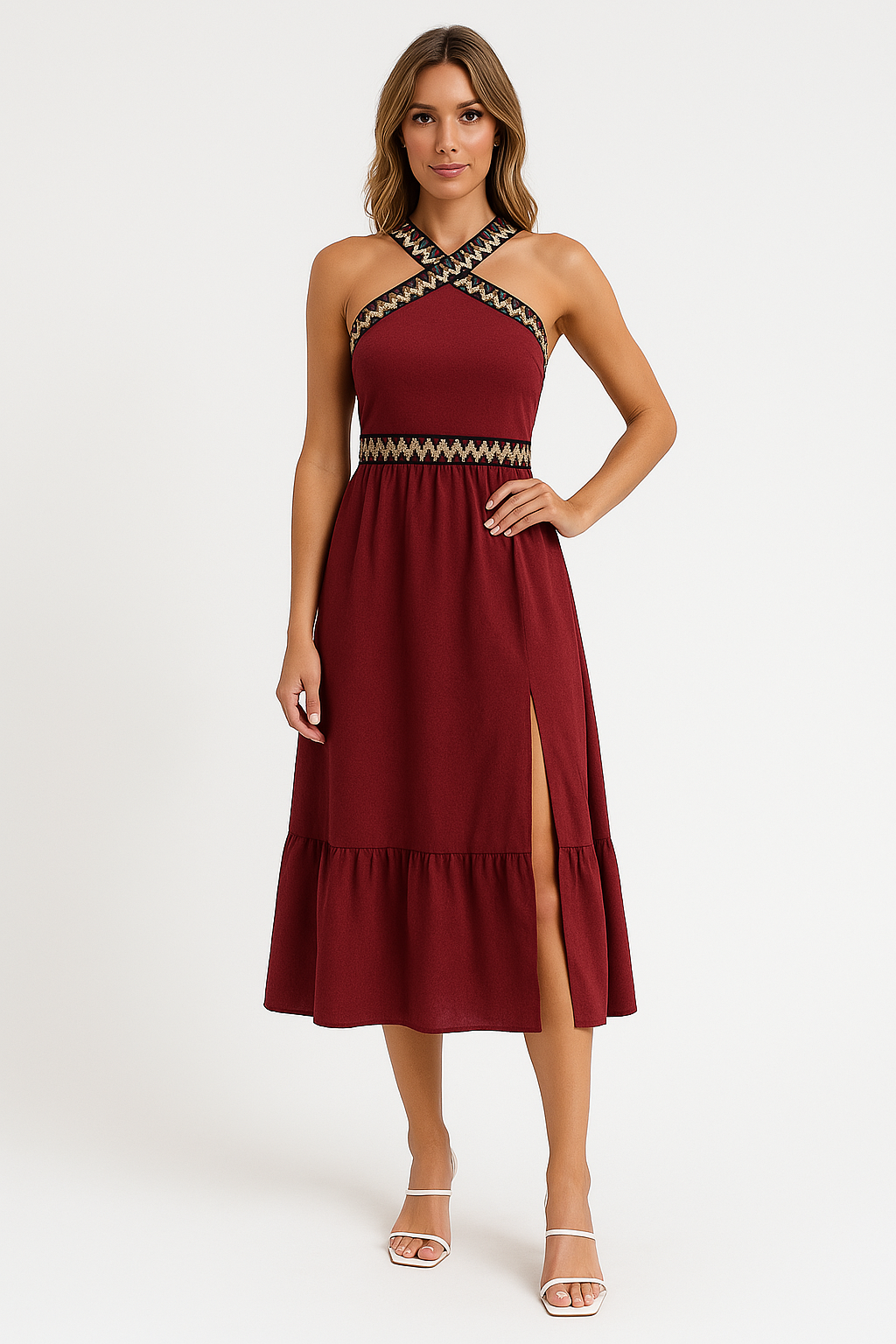 Women’s Halter Dress – Criss-Cross Neckline – Fitted Waist – Midi Length – High Slit