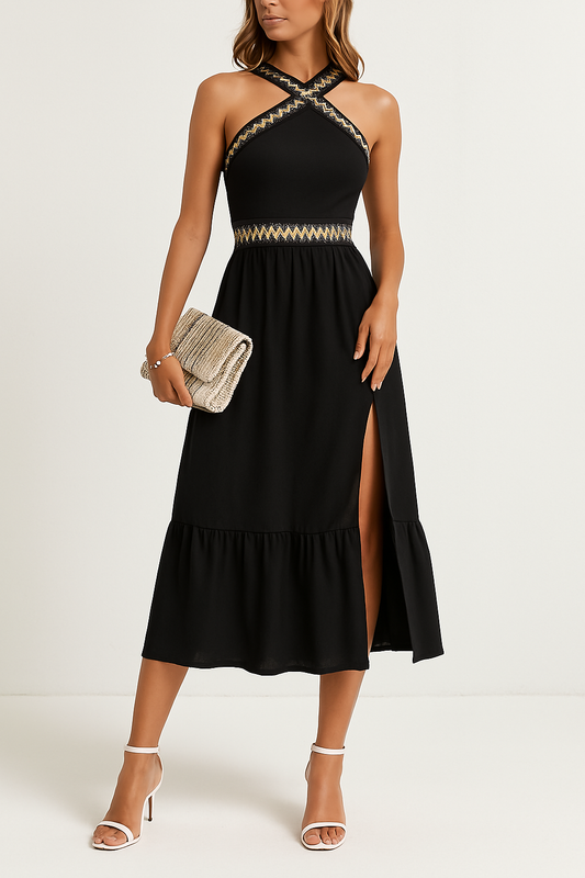 Women’s Halter Dress – Criss-Cross Neckline – Fitted Waist – Midi Length – High Slit
