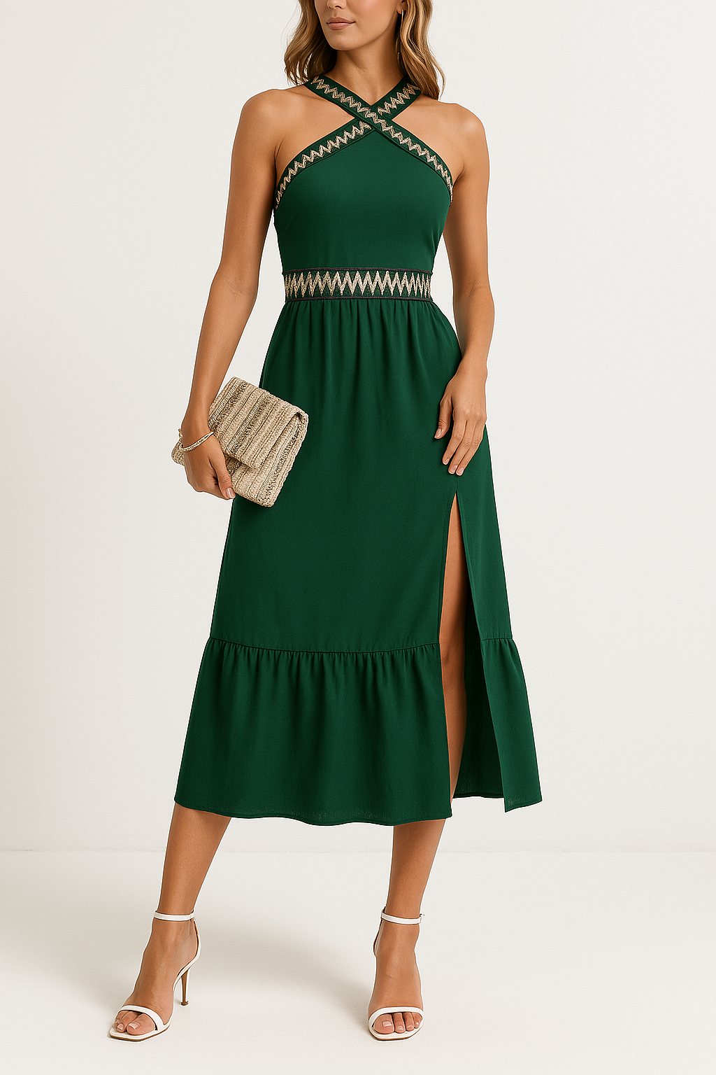 Women’s Halter Dress – Criss-Cross Neckline – Fitted Waist – Midi Length – High Slit