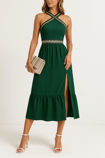 Women’s Halter Dress – Criss-Cross Neckline – Fitted Waist – Midi Length – High Slit