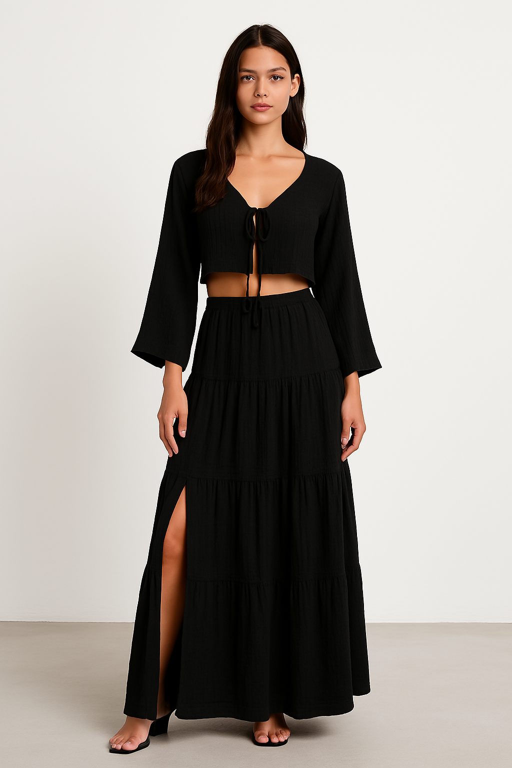 Women’s Two-Piece Set – Cotton Linen – Tie-Front Cropped Cardigan & High-Slit Skirt