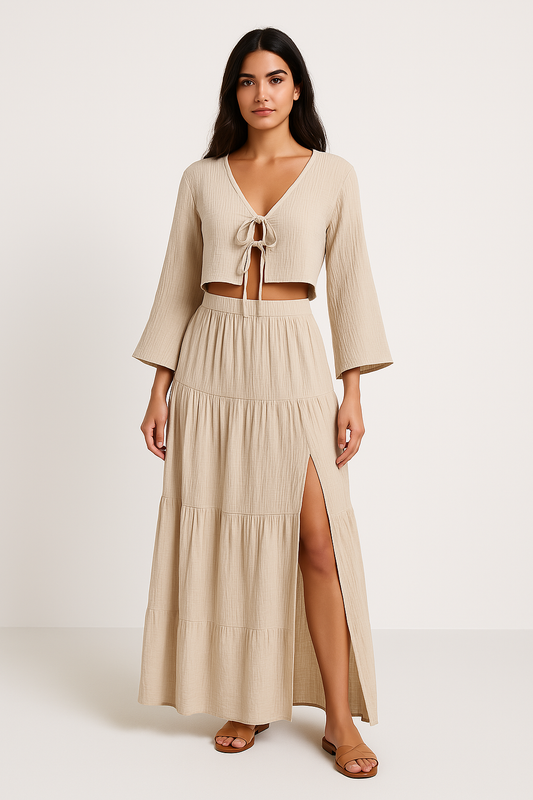 Women’s Two-Piece Set – Cotton Linen – Tie-Front Cropped Cardigan & High-Slit Skirt