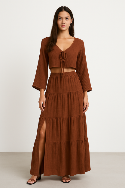 Women’s Two-Piece Set – Cotton Linen – Tie-Front Cropped Cardigan & High-Slit Skirt