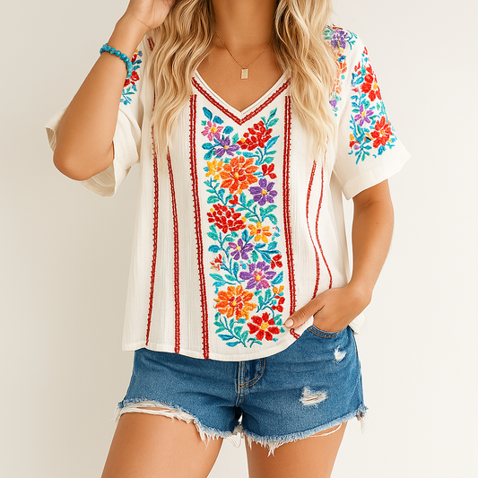 Women’s V-Neck T-Shirt – Relaxed Fit – Cotton Blend – Floral Embroidered Casual Wear