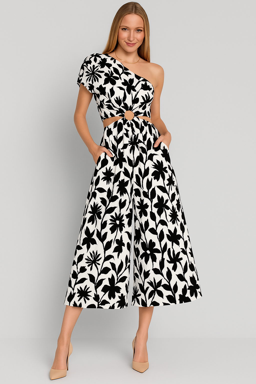 Women’s Jumpsuit – One Shoulder – Waist Cut-Out – Wide Leg – Cotton Blend – Cropped