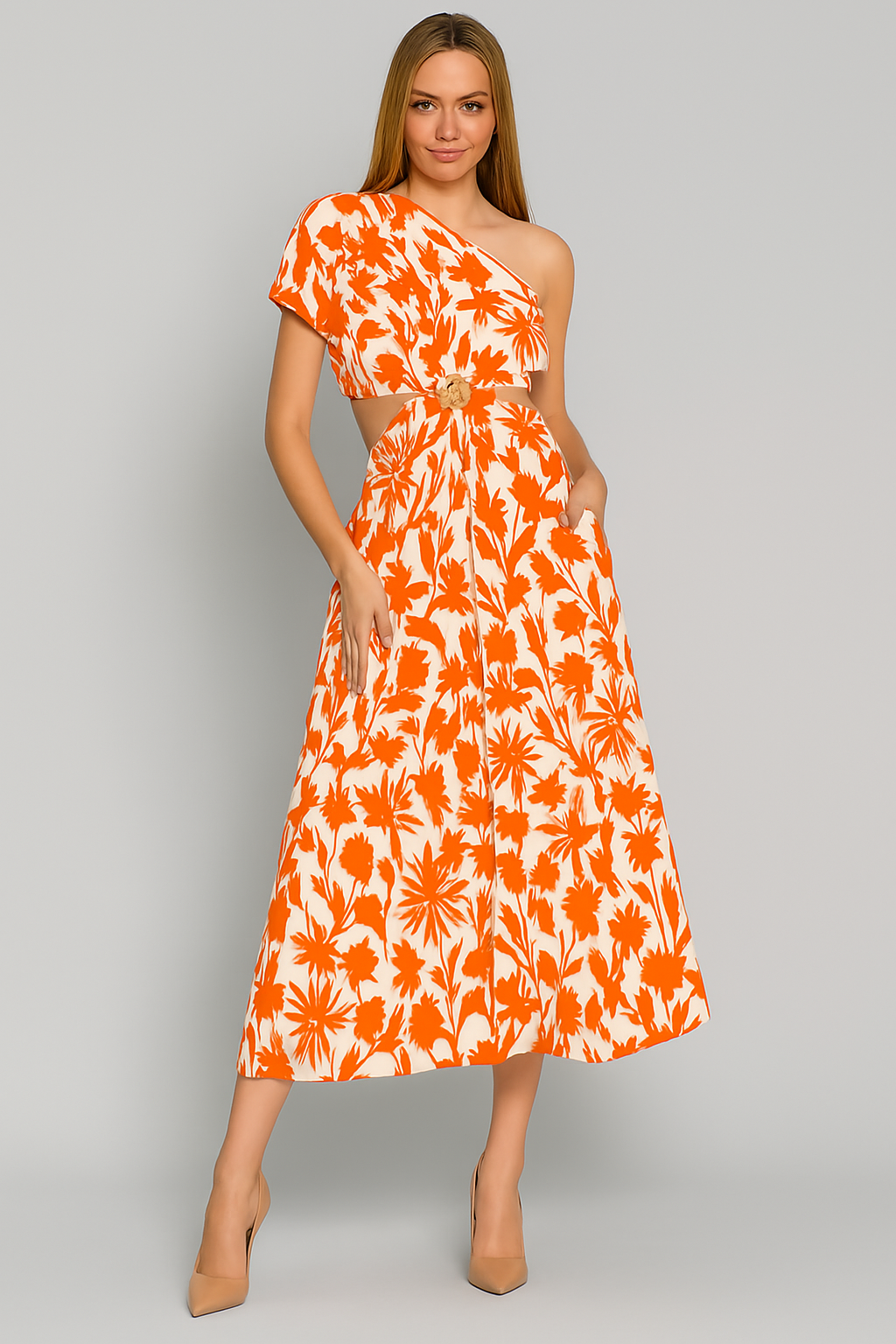 Women’s Jumpsuit – One Shoulder – Waist Cut-Out – Wide Leg – Cotton Blend – Cropped