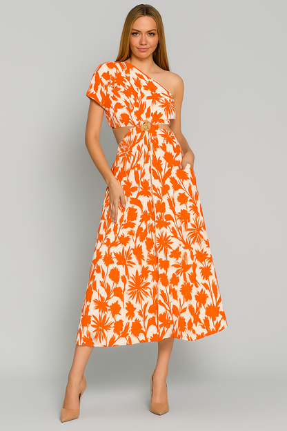 Women’s Jumpsuit – One Shoulder – Waist Cut-Out – Wide Leg – Cotton Blend – Cropped