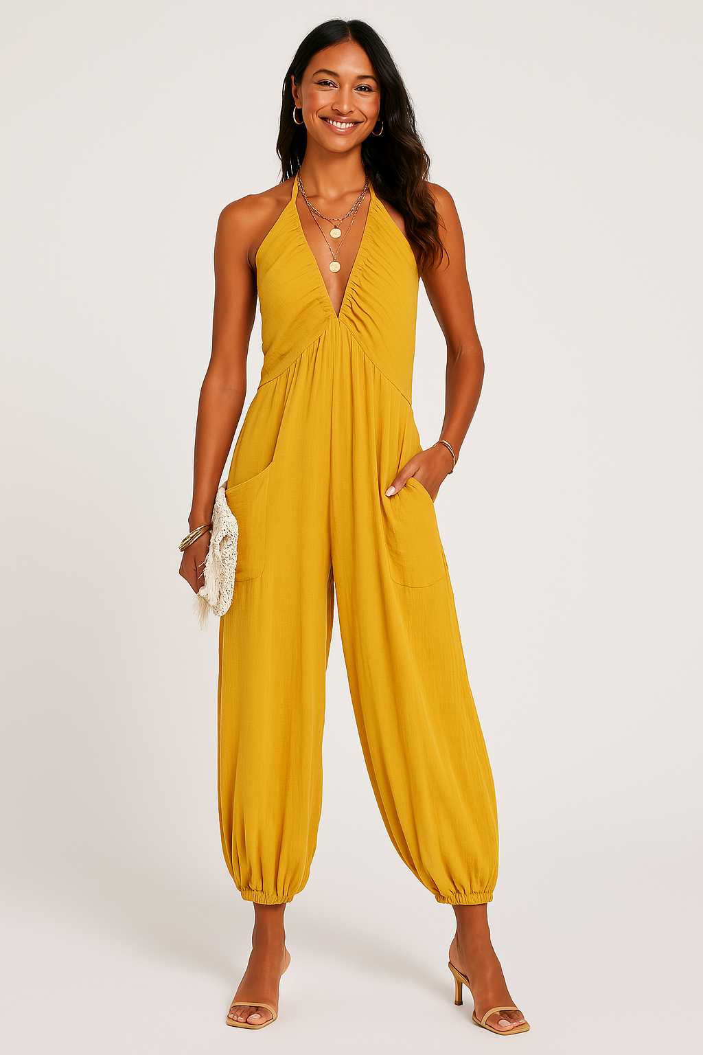 Women’s Halter Jumpsuit – Deep V-Neck – Relaxed Fit – Tapered Leg – Pockets – Lightweight Fabric