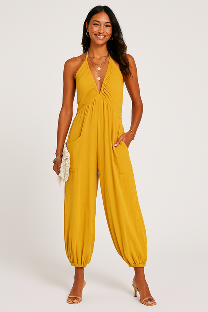 Women’s Halter Jumpsuit – Deep V-Neck – Relaxed Fit – Tapered Leg – Pockets – Lightweight Fabric