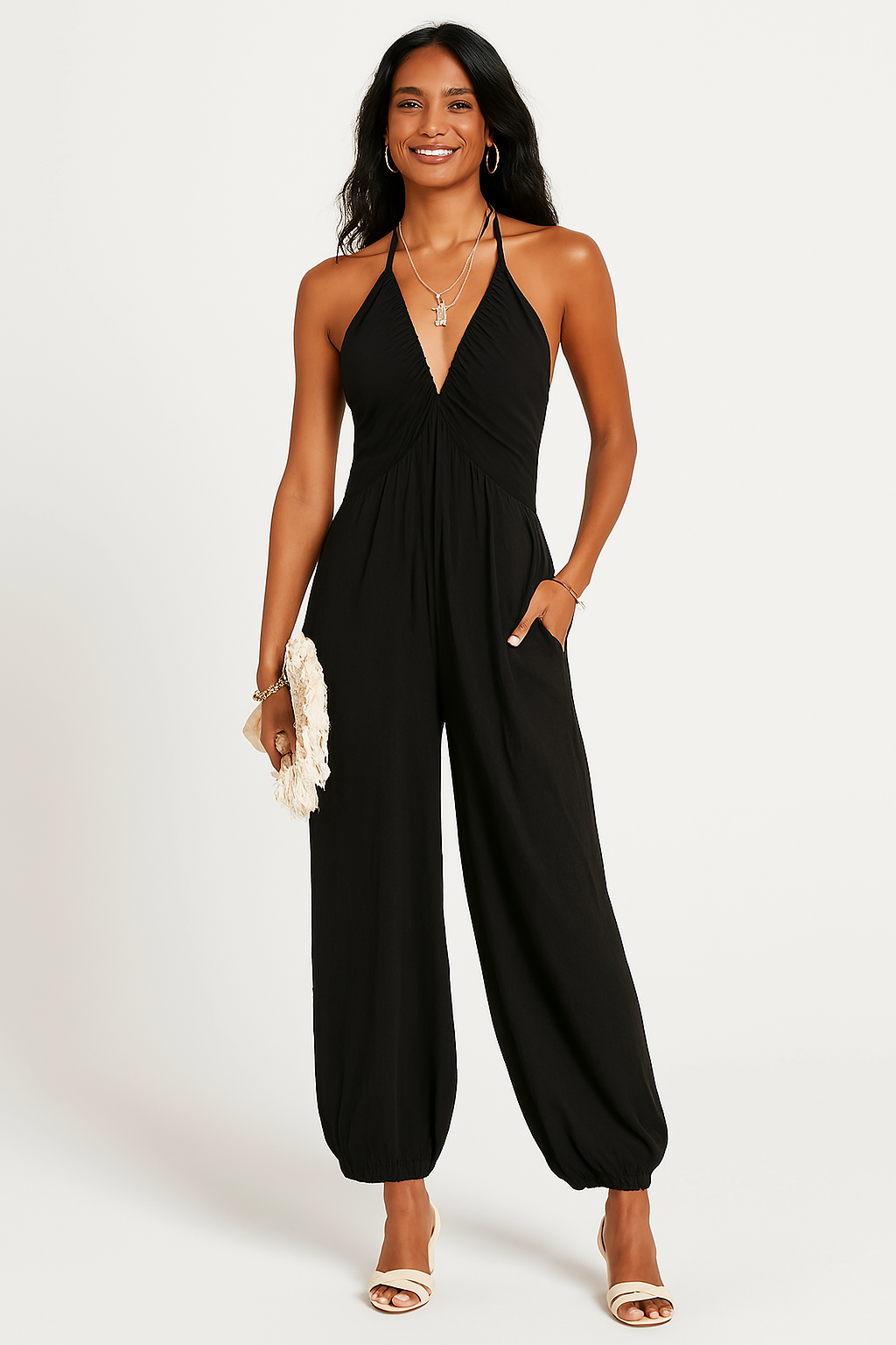 Women’s Halter Jumpsuit – Deep V-Neck – Relaxed Fit – Tapered Leg – Pockets – Lightweight Fabric