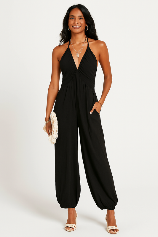 Women’s Halter Jumpsuit – Deep V-Neck – Relaxed Fit – Tapered Leg – Pockets – Lightweight Fabric