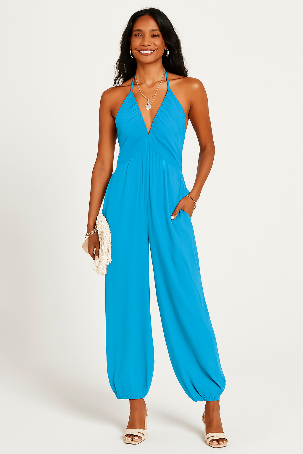 Women’s Halter Jumpsuit – Deep V-Neck – Relaxed Fit – Tapered Leg – Pockets – Lightweight Fabric