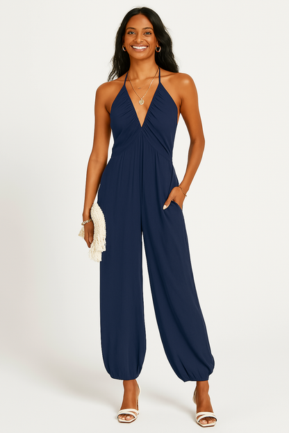 Women’s Halter Jumpsuit – Deep V-Neck – Relaxed Fit – Tapered Leg – Pockets – Lightweight Fabric