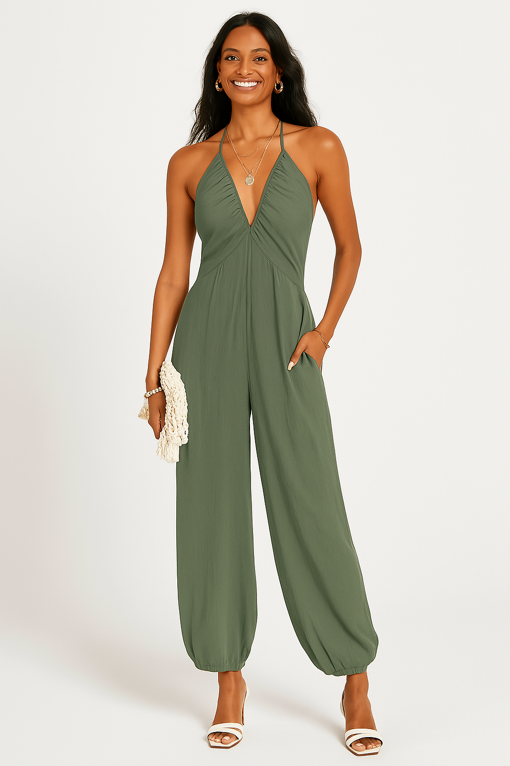 Women’s Halter Jumpsuit – Deep V-Neck – Relaxed Fit – Tapered Leg – Pockets – Lightweight Fabric