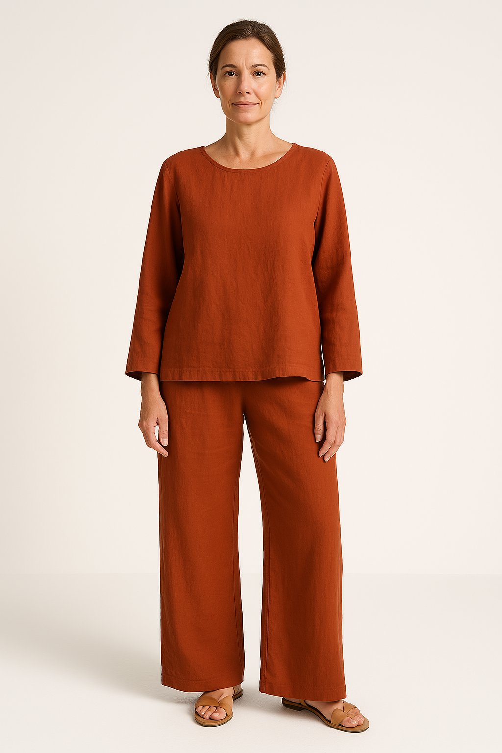 Women’s Two-Piece Set – Linen Fabric – Relaxed Fit – Long Sleeve Top – Wide Leg Pants