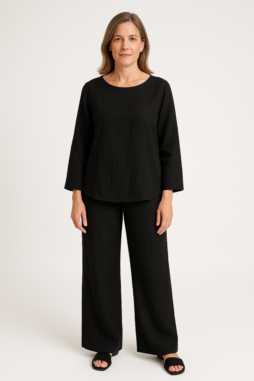 Women’s Two-Piece Set – Linen Fabric – Relaxed Fit – Long Sleeve Top – Wide Leg Pants