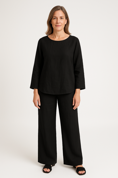 Women’s Two-Piece Set – Linen Fabric – Relaxed Fit – Long Sleeve Top – Wide Leg Pants