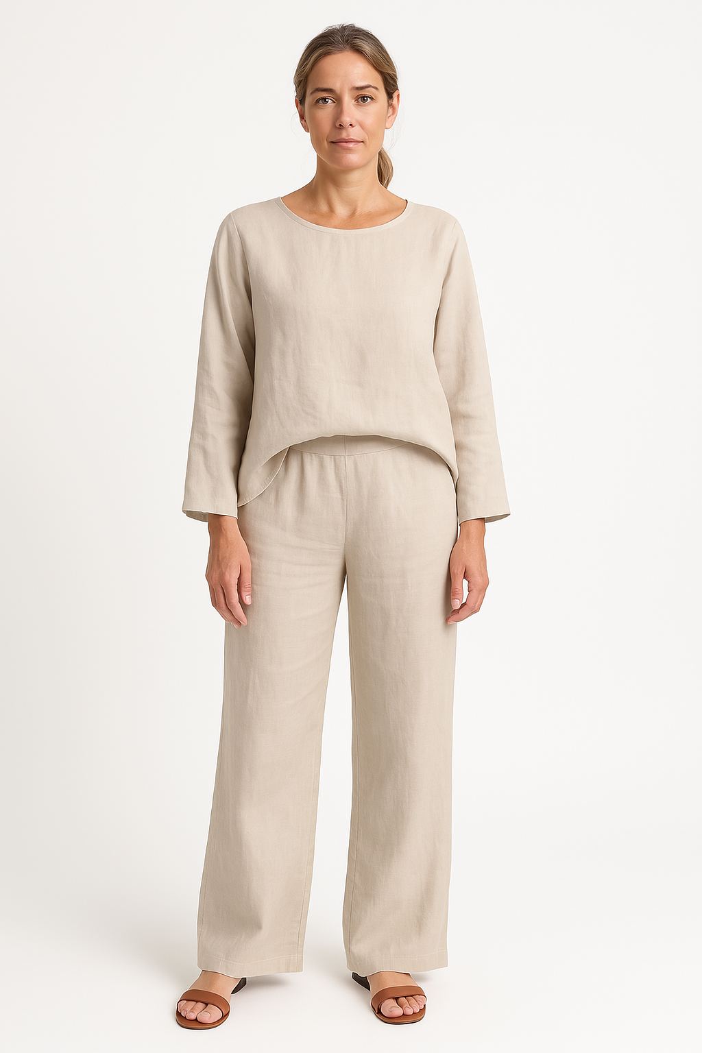 Women’s Two-Piece Set – Linen Fabric – Relaxed Fit – Long Sleeve Top – Wide Leg Pants