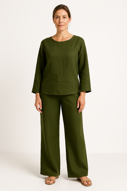 Women’s Two-Piece Set – Linen Fabric – Relaxed Fit – Long Sleeve Top – Wide Leg Pants