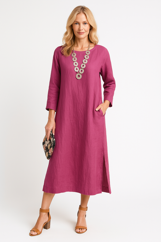 Women’s Shirt Dress – Relaxed Fit – Lightweight Woven – Long Sleeve – Midi Length