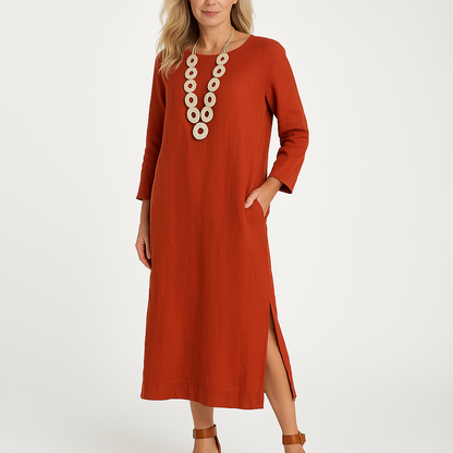 Women’s Shirt Dress – Relaxed Fit – Lightweight Woven – Long Sleeve – Midi Length