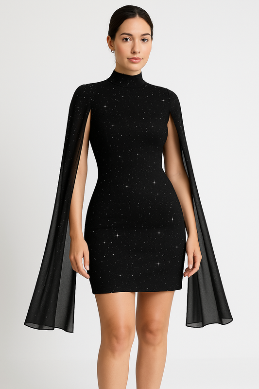Women’s Cape Dress – Slim Fit – Glitter Chiffon – High Neck – Mini Evening Wear