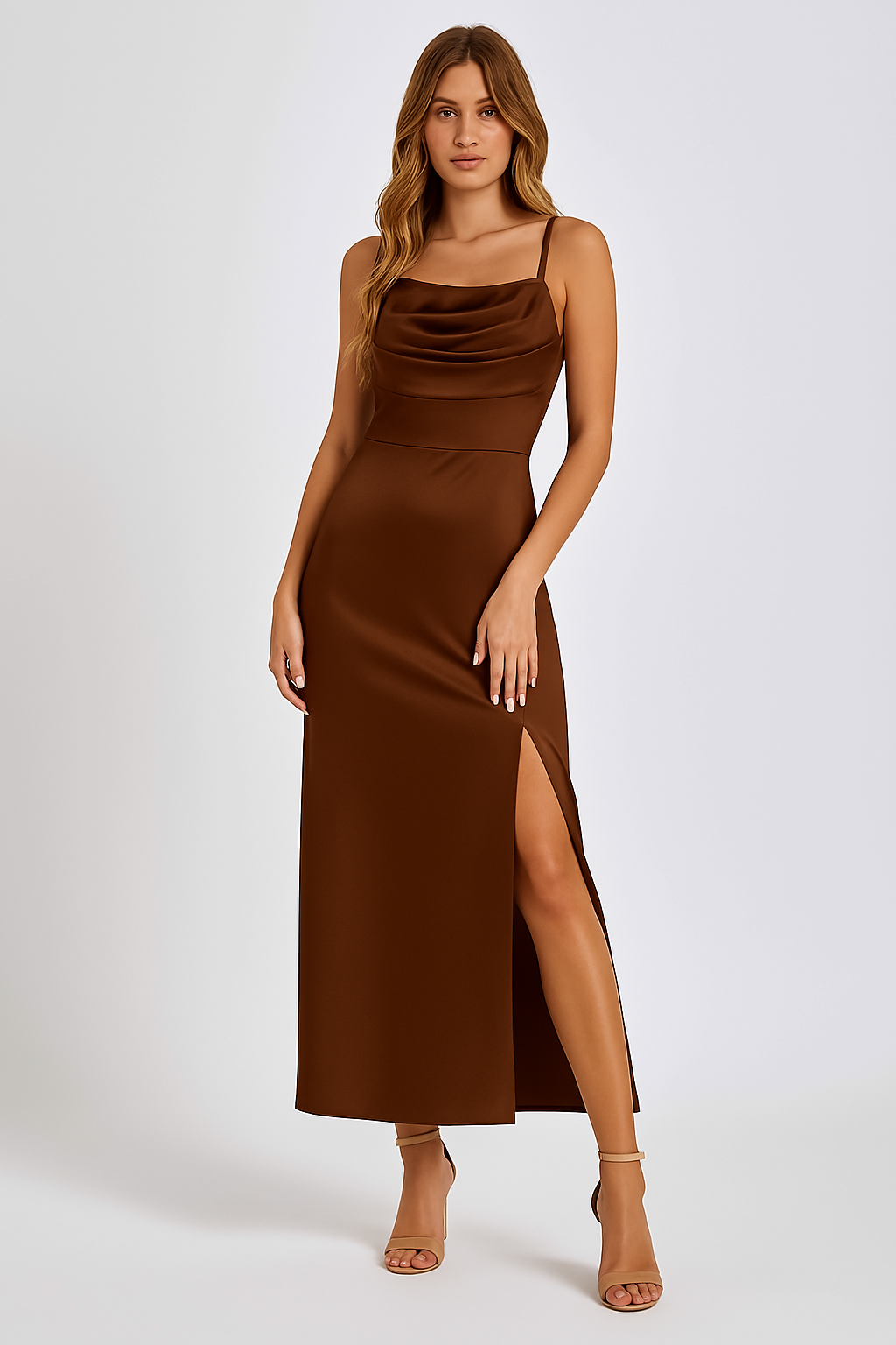 Women’s Maxi Dress – Satin Fabric – Slim Fit – Cowl Neck – Spaghetti Straps – Side Slit