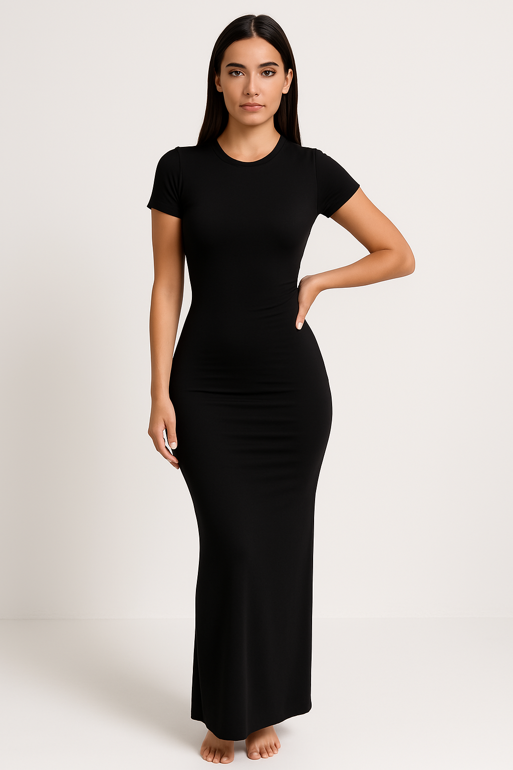 Women’s Full-Length Dress – Slim Fit – Stretch Fabric – Short Sleeve – Round Neck