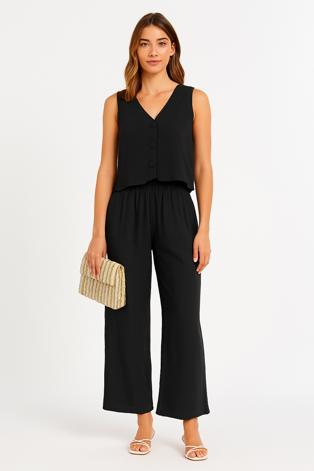 Women’s Two-Piece Set – V-Neck Button Top – High-Waist – Wide-Leg Pants – Linen Blend