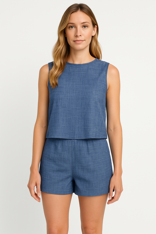Women’s Top and Shorts Set – Lightweight Linen Feel – Relaxed Fit – Sleeveless Casual