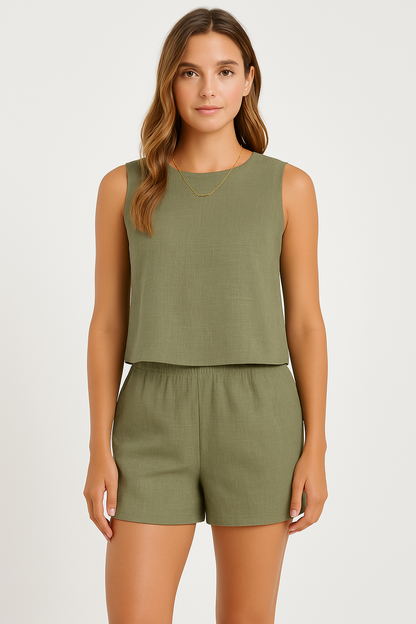 Women’s Top and Shorts Set – Lightweight Linen Feel – Relaxed Fit – Sleeveless Casual