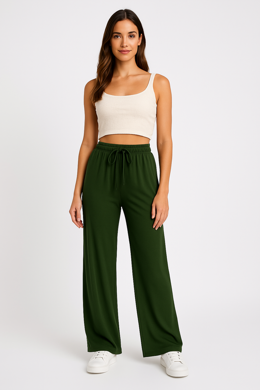 Women’s Wide-Leg Pants – Soft Cotton Blend – Relaxed Fit – Elastic Drawstring Waist