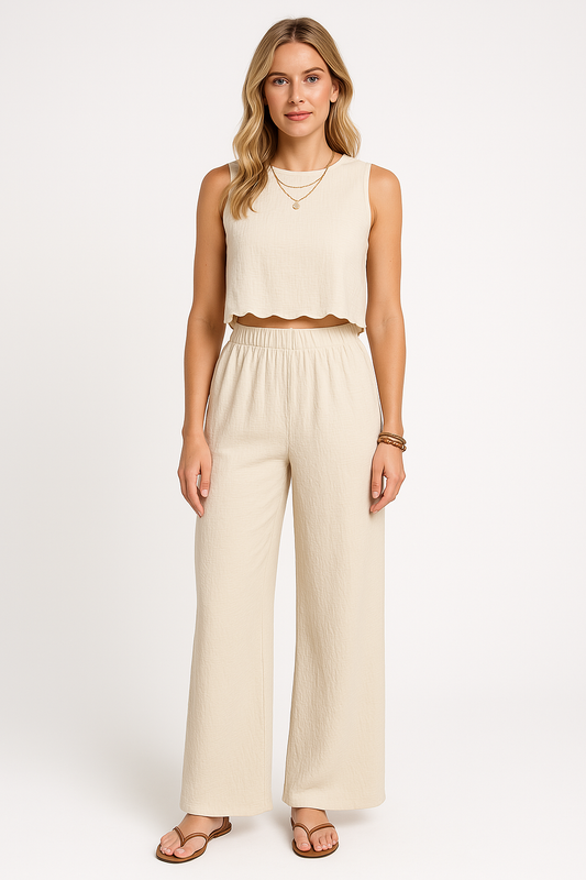 Women’s Wide-Leg Pants – Lightweight Crinkled Fabric – Relaxed Fit – Elastic Waistband