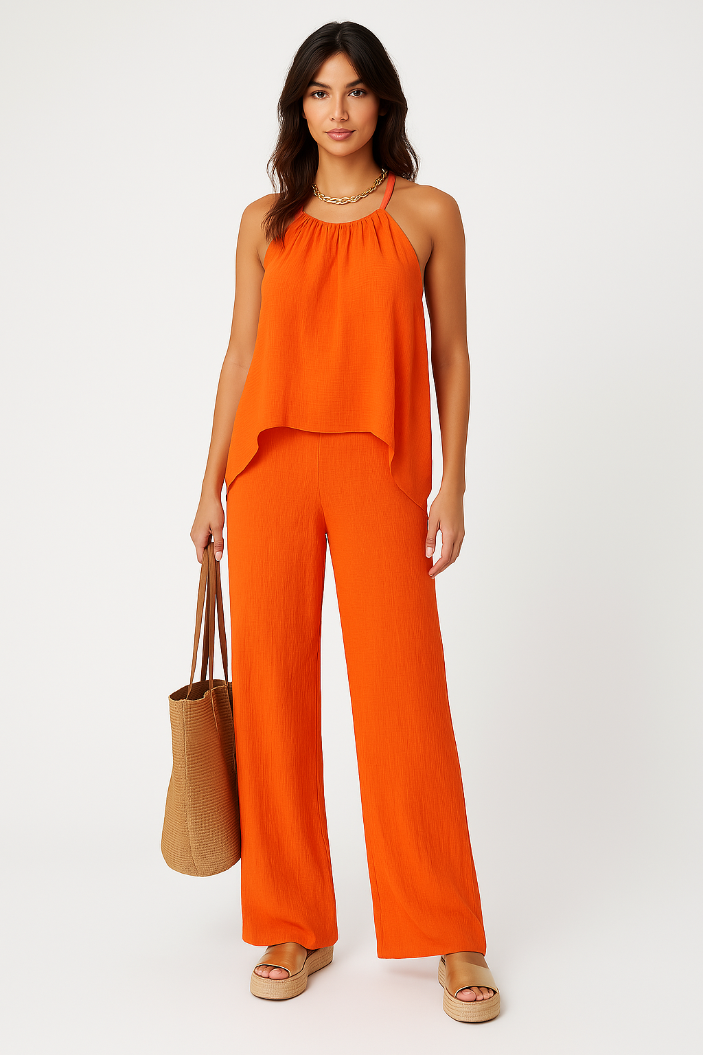 Women’s Halter Top and Pants Set – Draped Asymmetric Top – Wide Leg Relaxed Fit