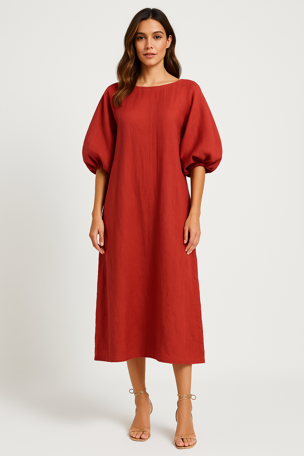 Women’s Long Dress – Loose Fit – Puff Sleeves – Round Neck – Lightweight Casual Wear