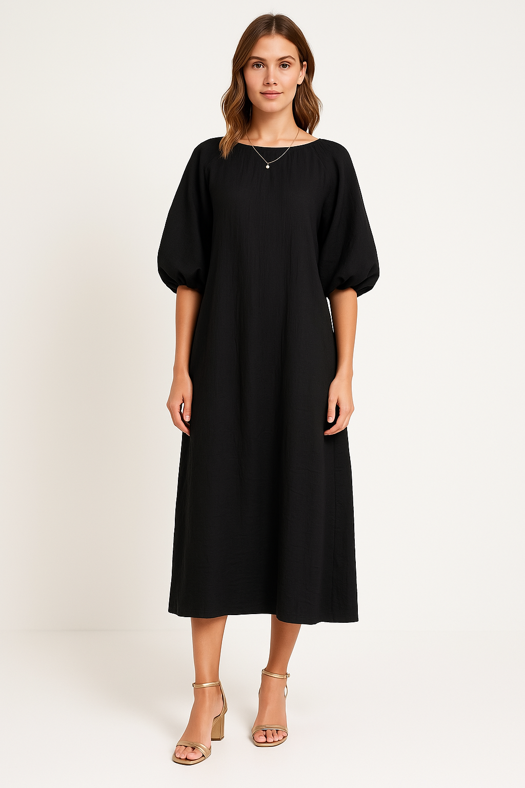 Women’s Long Dress – Loose Fit – Puff Sleeves – Round Neck – Lightweight Casual Wear