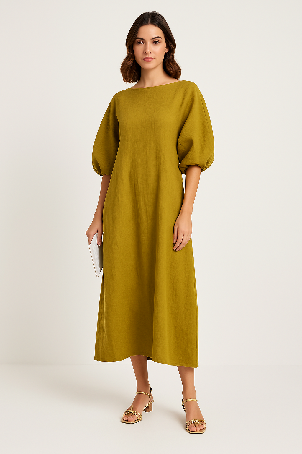 Women’s Long Dress – Loose Fit – Puff Sleeves – Round Neck – Lightweight Casual Wear