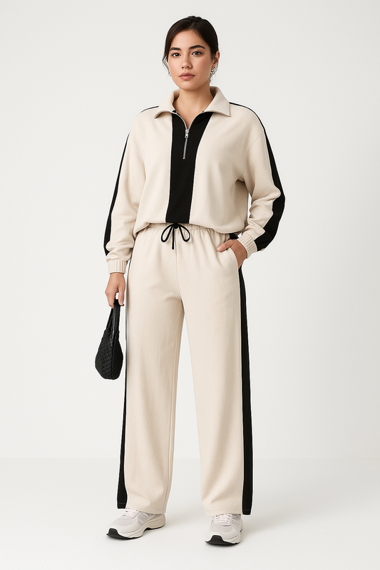 Women’s Two-Piece Set – Zip Collar Top & Wide-Leg Pants – Relaxed Fit Casual Wear