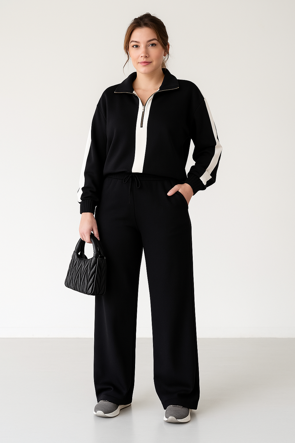 Women’s Two-Piece Set – Zip Collar Top & Wide-Leg Pants – Relaxed Fit Casual Wear