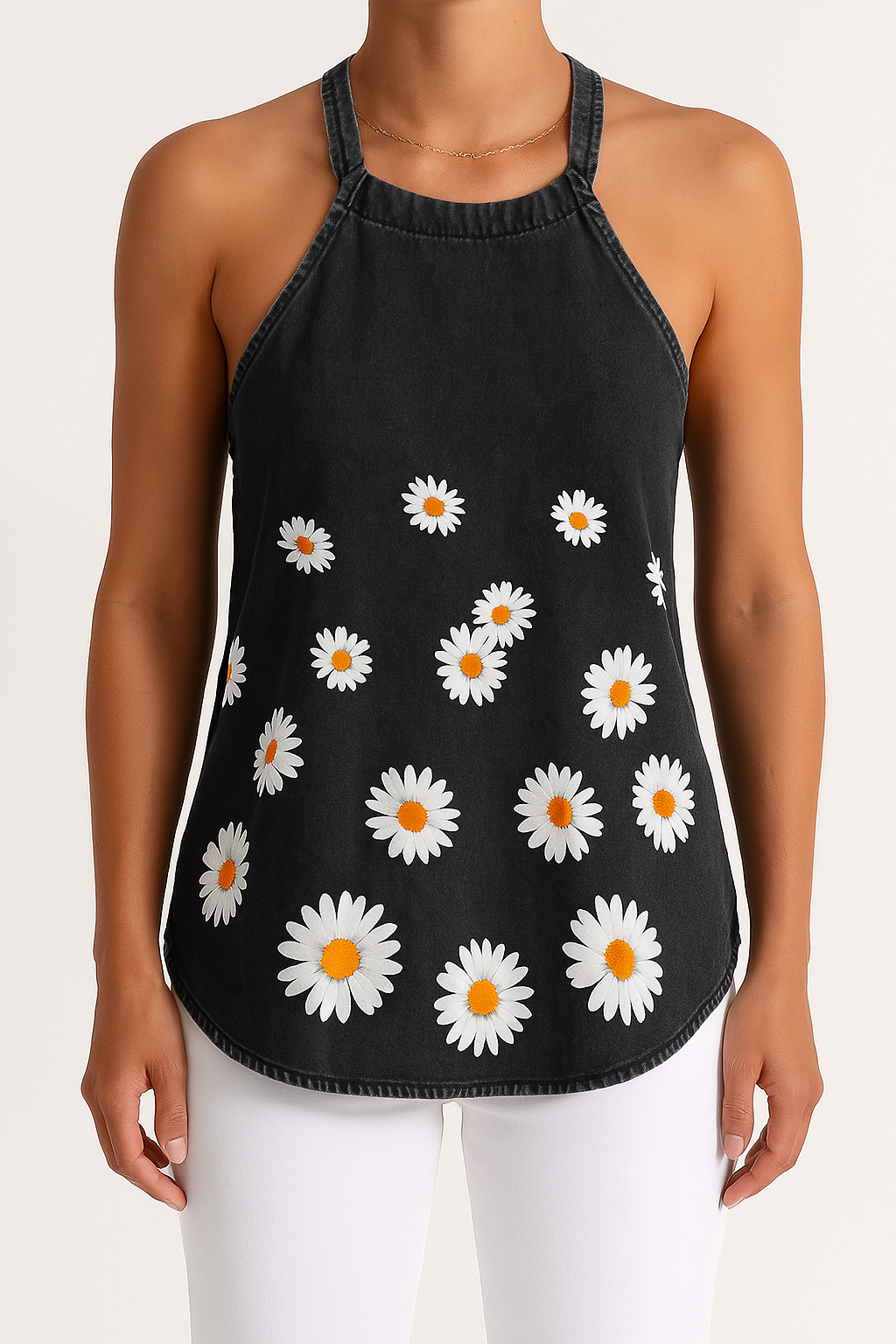Women’s Camisole Top – Lightweight Denim – Relaxed Fit – Spaghetti Straps – Daisy Print
