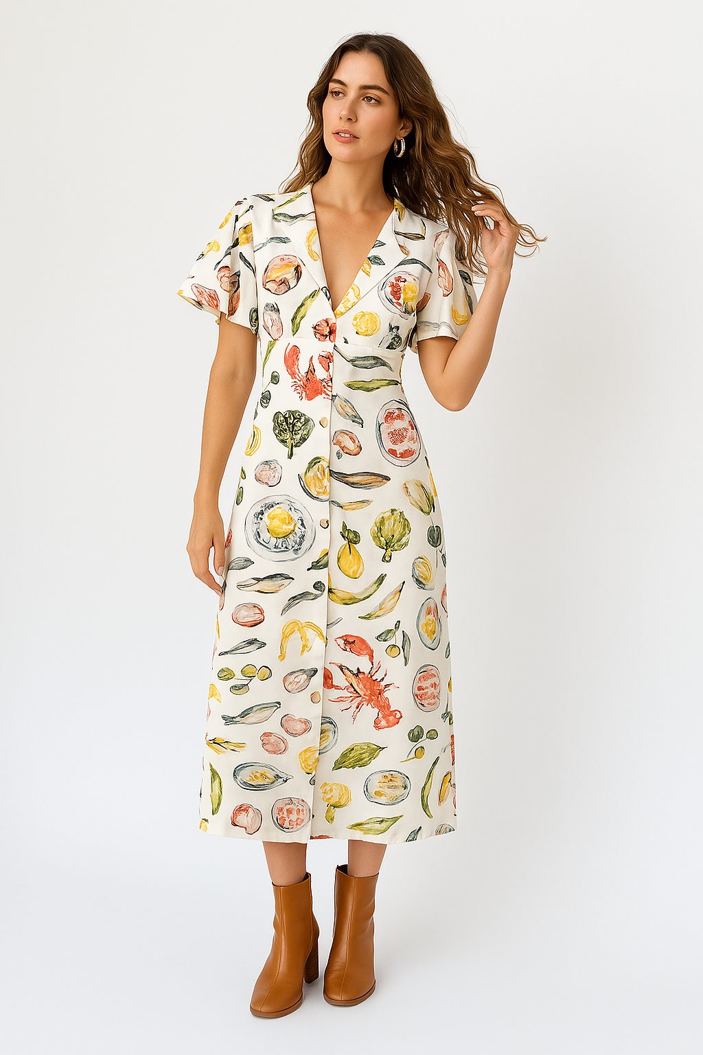 Women’s V-Neck Dress – Linen Fabric – Loose Fit – Short Sleeve Midi Casual Style