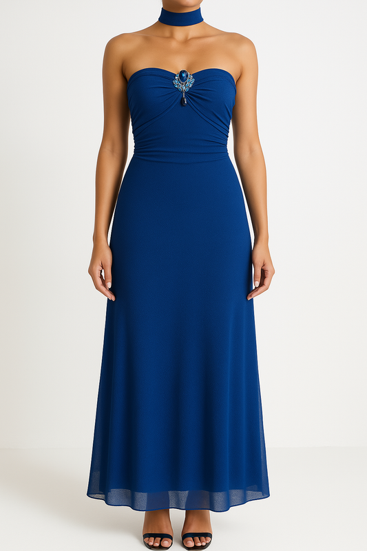 Women’s Evening Gown – Strapless Mesh Overlay – Ruched Bodice – Slim Fit Formal Dress