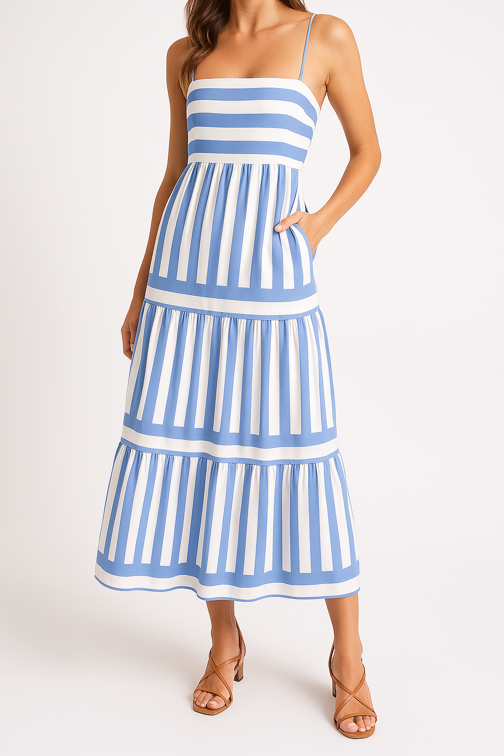 Women’s Sundress – Lightweight Cotton – A-Line Fit – Tiered Striped Spaghetti Straps