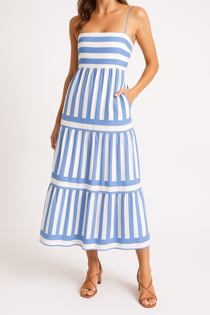 Women’s Sundress – Lightweight Cotton – A-Line Fit – Tiered Striped Spaghetti Straps