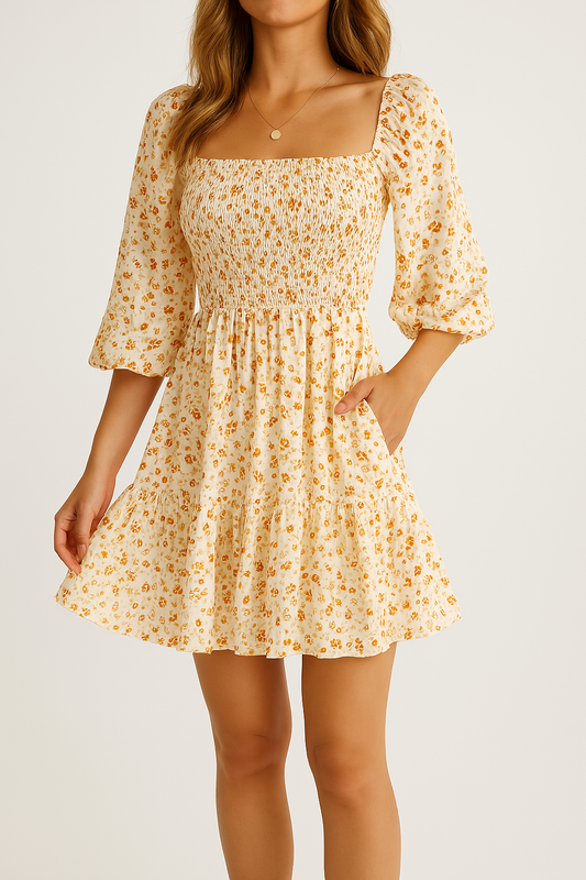 Women’s A-Line Dress – Cotton Blend – Smocked Bodice – Short Sleeve – Floral Print