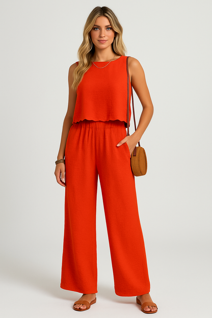Women’s Top and Pants Set – Lightweight Woven Fabric – Relaxed Fit – Cropped Top